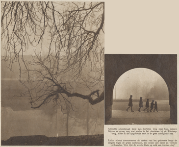 874644 Collage van 2 foto's betreffende de mist over de stad Utrecht, met links een gezicht op de Stadsbuitengracht en ...